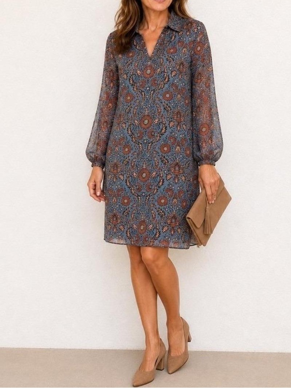 Cabi Women's Blue and Brown Shift Dress Sz Medium